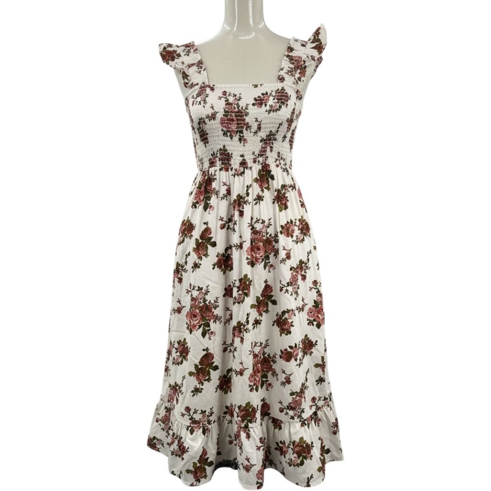 The Drop Maxi Dress Women Small White Floral Smocked Ruffle Cotton